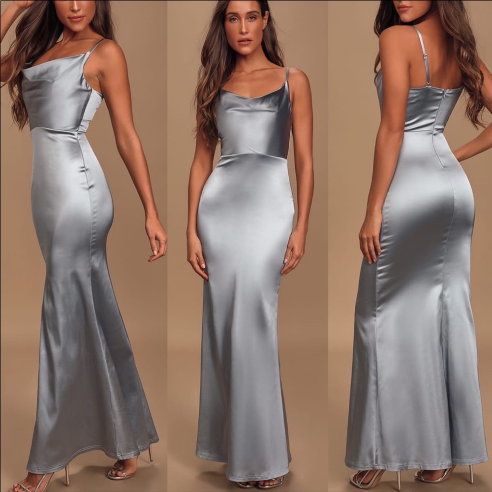 Pastel blue satin cowl neck maxi